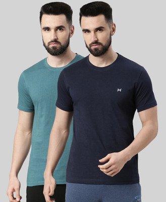 Force NXT Solid Men Round Neck Navy Blue, Green T-Shirt