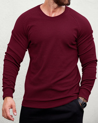 HouseOfCommon Self Design Men Round Neck Maroon T-Shirt