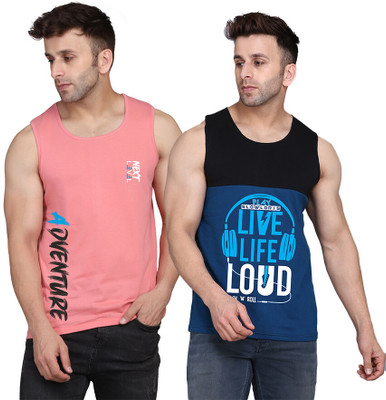 SLOWLORIS Printed, Colorblock Men Round Neck Black, Dark Blue, Pink T-Shirt