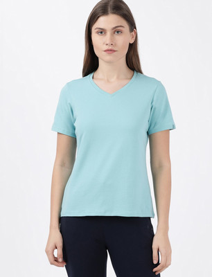 JOCKEY Solid Women V Neck Light Blue T-Shirt