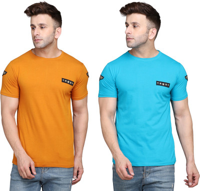 BEYOU FASHION Solid Men Round Neck Light Blue, Gold T-Shirt