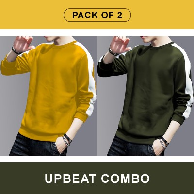 AUSK Colorblock Men Round Neck Yellow, White, Dark Green T-Shirt