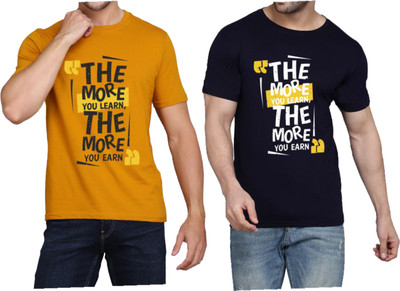 WOOSTRO Printed Men Round Neck Brown, Dark Blue T-Shirt