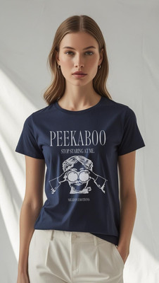 Millionemotions Graphic Print Women Round Neck Navy Blue T-Shirt