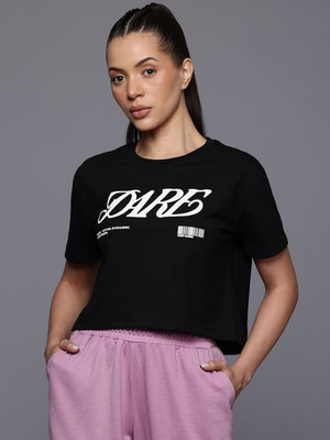 HRX by Hrithik Roshan Printed Women Round Neck Black T-Shirt