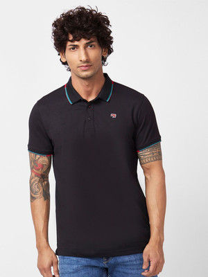 Spykar Solid Men Polo Neck Black T-Shirt
