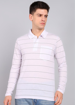 INKKR Striped Men Polo Neck White T-Shirt