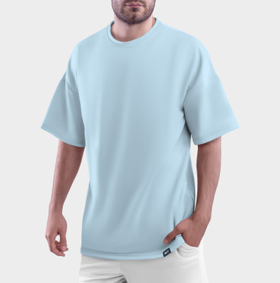 HouseOfCommon Solid Men Round Neck Light Blue T-Shirt
