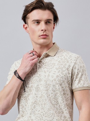 98 Degree North Printed Men Polo Neck Beige T-Shirt