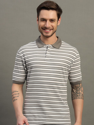 Nuovo Striped Men Polo Neck Grey T-Shirt