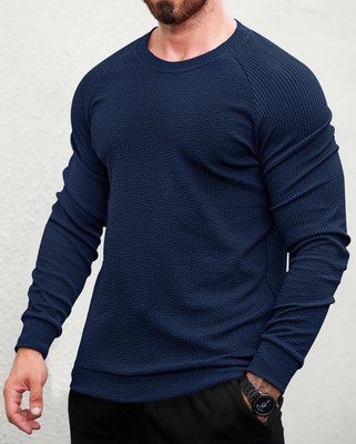 HouseOfCommon Self Design Men Round Neck Blue T-Shirt