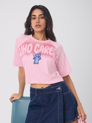 The Souled Store Printed Women Round Neck Pink T-Shirt