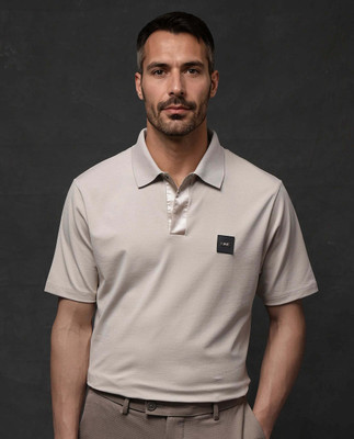 RARE RABBIT Solid Men Polo Neck Beige T-Shirt