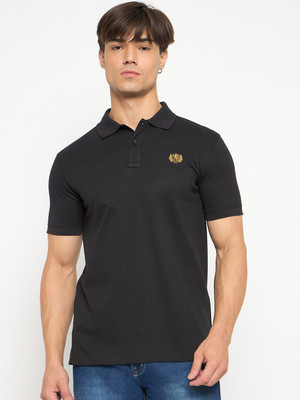 DUKE Striped, Self Design, Diamante Print Men Polo Neck Black T-Shirt