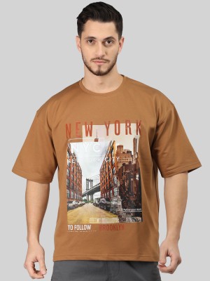 CHKOKKO Printed, Typography Men Round Neck Brown T-Shirt