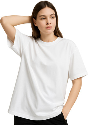 KMBCO Solid Women Round Neck White T-Shirt