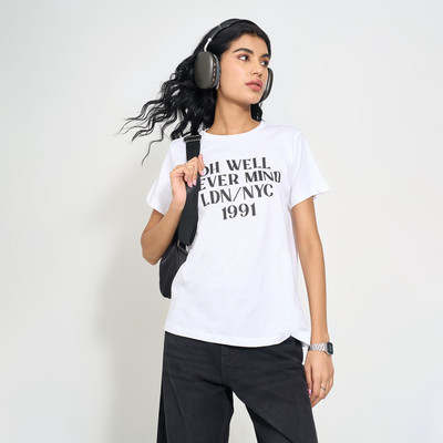 SF Jeans by Pantaloons Printed Women Round Neck White T-Shirt