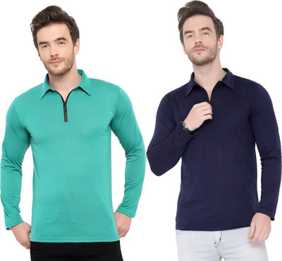 JB Jangoboy Solid Men Polo Neck Dark Blue, Light Green T-Shirt