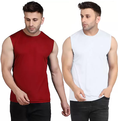 MR THINK Solid Men Round Neck Red, White T-Shirt