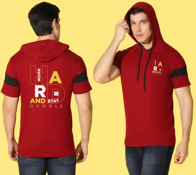 WOOSTRO Printed Men Hooded Neck Maroon T-Shirt