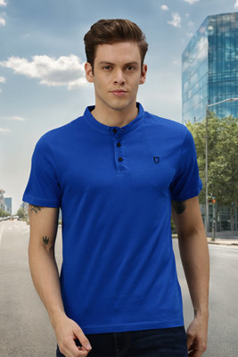 Urbano Fashion Solid Men Mandarin Collar Blue T-Shirt