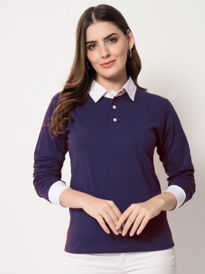 Viral Trend Colorblock Women Polo Neck Dark Blue T-Shirt