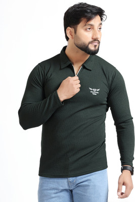 Diamond Fashion Solid Men Zip Neck Dark Green T-Shirt
