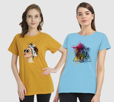 CHOZI Printed Women Round Neck Yellow, Light Blue T-Shirt