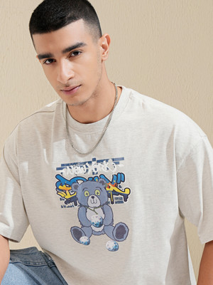 HIGHLANDER Printed Men Round Neck Grey T-Shirt