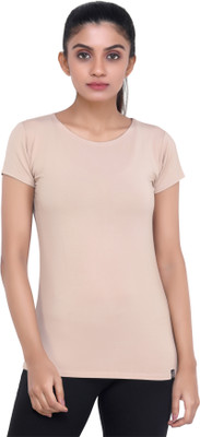 Laasa Sports Solid Women Round Neck Beige T-Shirt