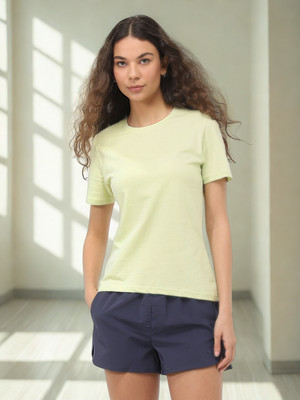NOBERO Solid Women Crew Neck Light Green T-Shirt