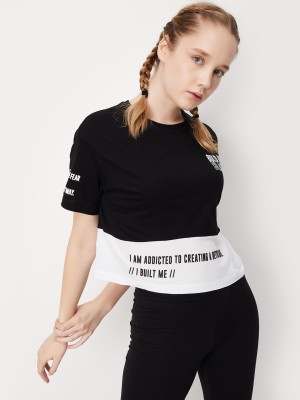 MAX Colorblock, Typography Women Round Neck Black, White T-Shirt