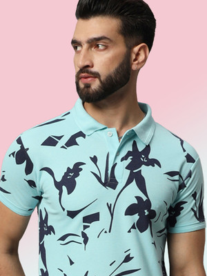 SINDHIGARMENT Printed Men Polo Neck Blue T-Shirt