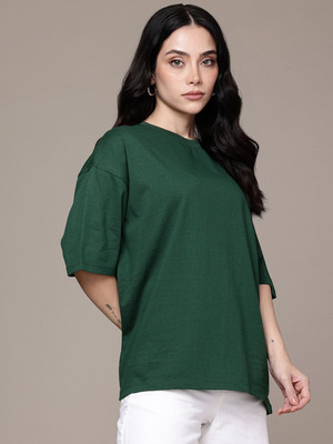Moda Rapido Solid Women Round Neck Dark Green T-Shirt