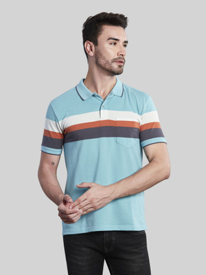BE POSITIVE Striped Men Polo Neck Blue T-Shirt
