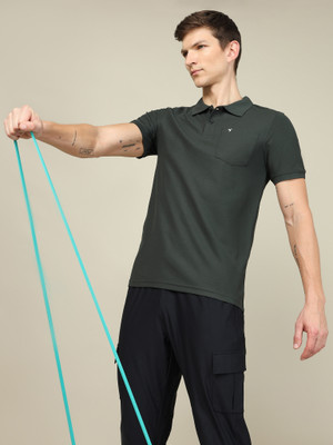 TECHNOSPORT Solid Men Polo Neck Green T-Shirt