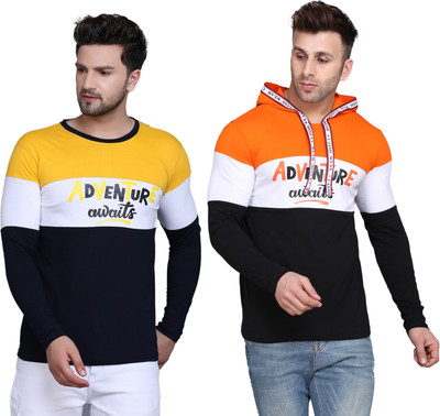 SLOWLORIS Printed Men Hooded Neck Yellow, Orange T-Shirt
