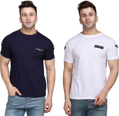 tfurnish Solid Men Round Neck Dark Blue, White T-Shirt