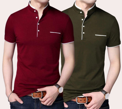 GlobyCraft Solid Men Mandarin Collar Dark Green, Maroon T-Shirt