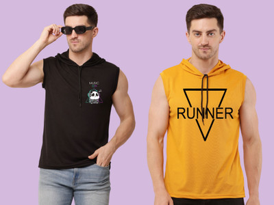 Zxomillo Printed Men Hooded Neck Black, Yellow T-Shirt