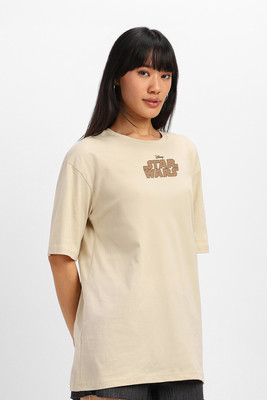 JUNEBERRY Printed, Typography Women Round Neck Beige T-Shirt