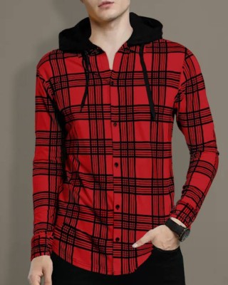 EMERALD Checkered Men Hooded Neck Red T-Shirt