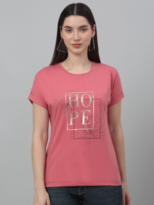 CANTABIL Printed, Typography Women Round Neck Pink T-Shirt