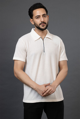 ColorChakra Self Design Men Polo Neck White T-Shirt