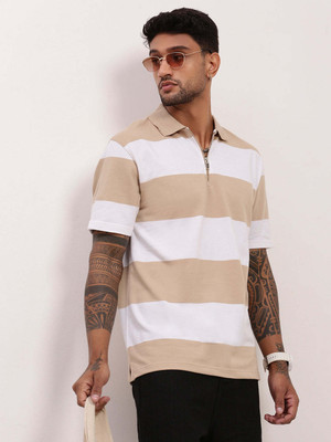 SHOWOFFFF Striped Men Polo Neck Beige, Brown T-Shirt