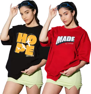 Leotude Printed Women Round Neck Red, Black T-Shirt