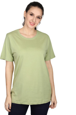 Zulements Solid Women Round Neck Light Green T-Shirt
