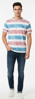 hassan Striped Men Round Neck Multicolor, White, Light Blue, Pink T-Shirt
