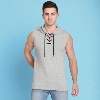 FARICON Solid Men Hooded Neck Grey T-Shirt