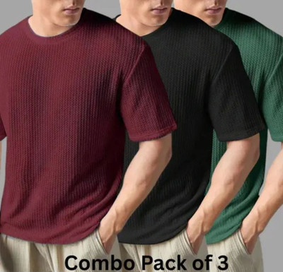 At Last Fashion Self Design Men Round Neck Maroon, Black, Green T-Shirt